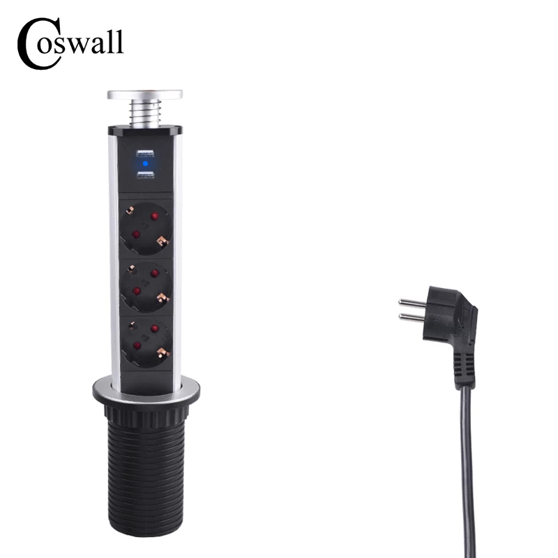 Pop Display Shelf - Coswall-ポップアップウィンドウ,3つのソケット,2つのusb充電ポート,キッチンテーブル,デスクトップ,格納式,euプラグ,青いバックライト